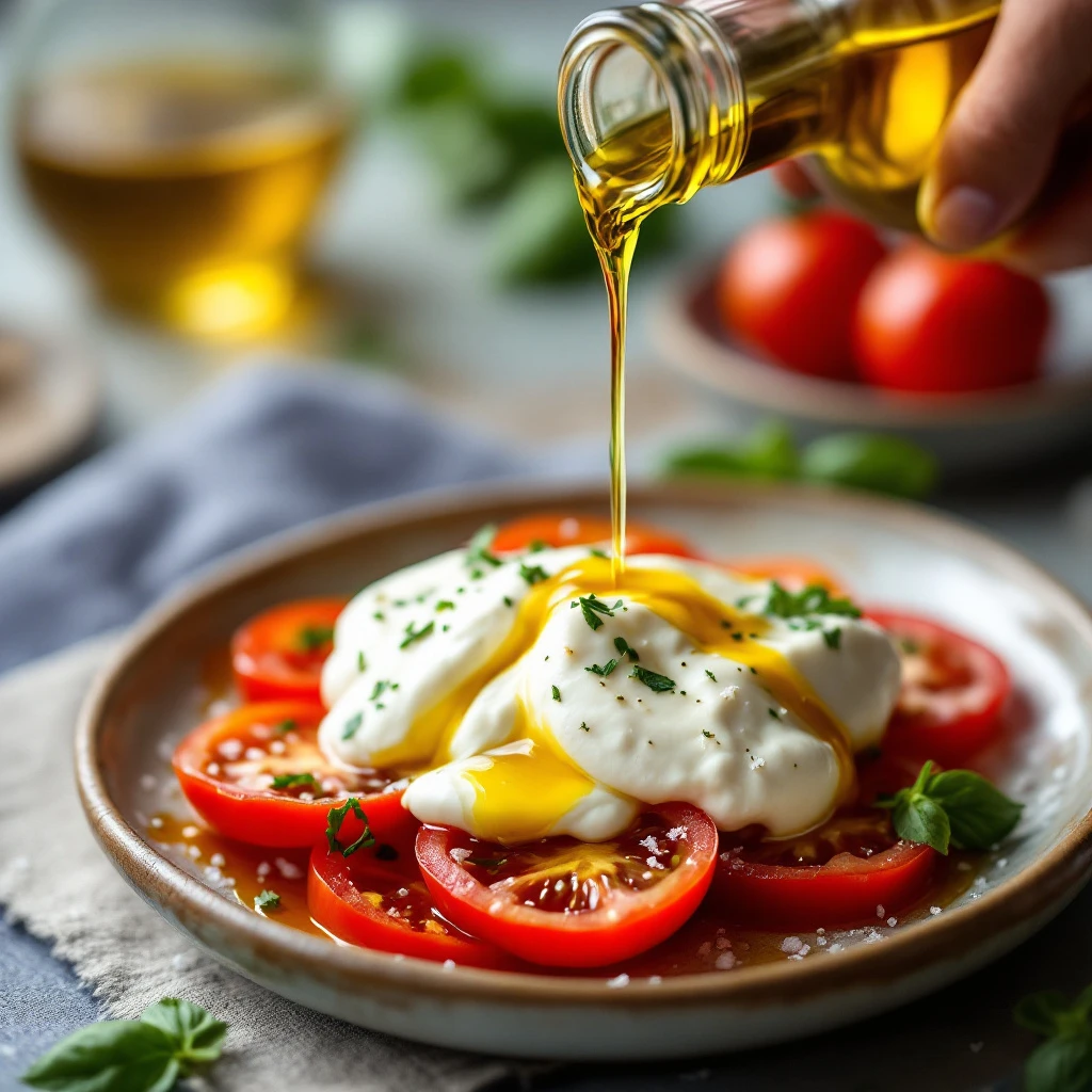 Olive oil drizzled on burrata